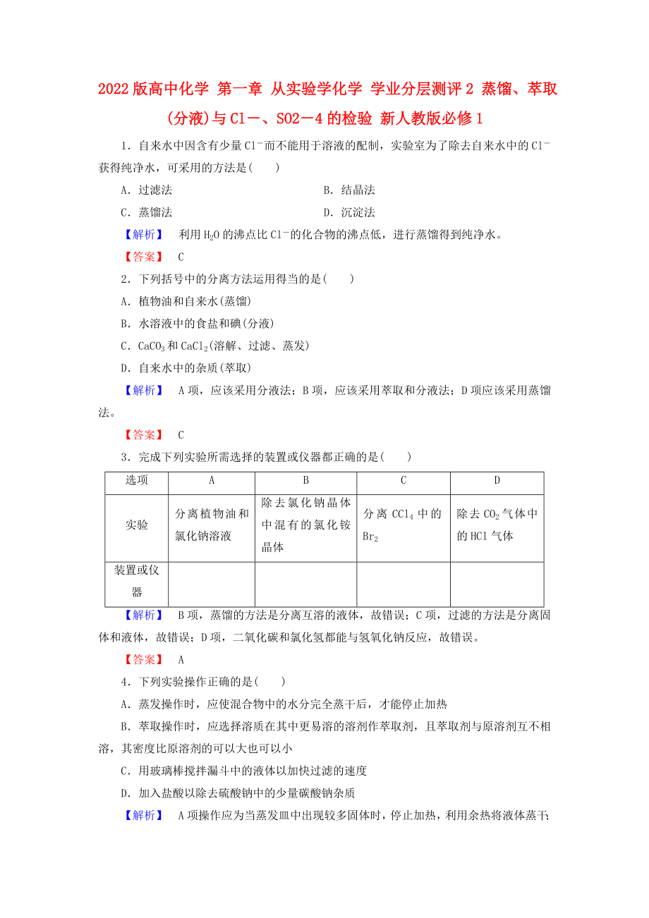 2022版高中化學(xué) 第一章 從實(shí)驗(yàn)學(xué)化學(xué) 學(xué)業(yè)分層測(cè)評(píng)2 蒸餾、萃取(分液)與Cl－、SO2－4的檢驗(yàn) 新人教版必修1_第1頁(yè)