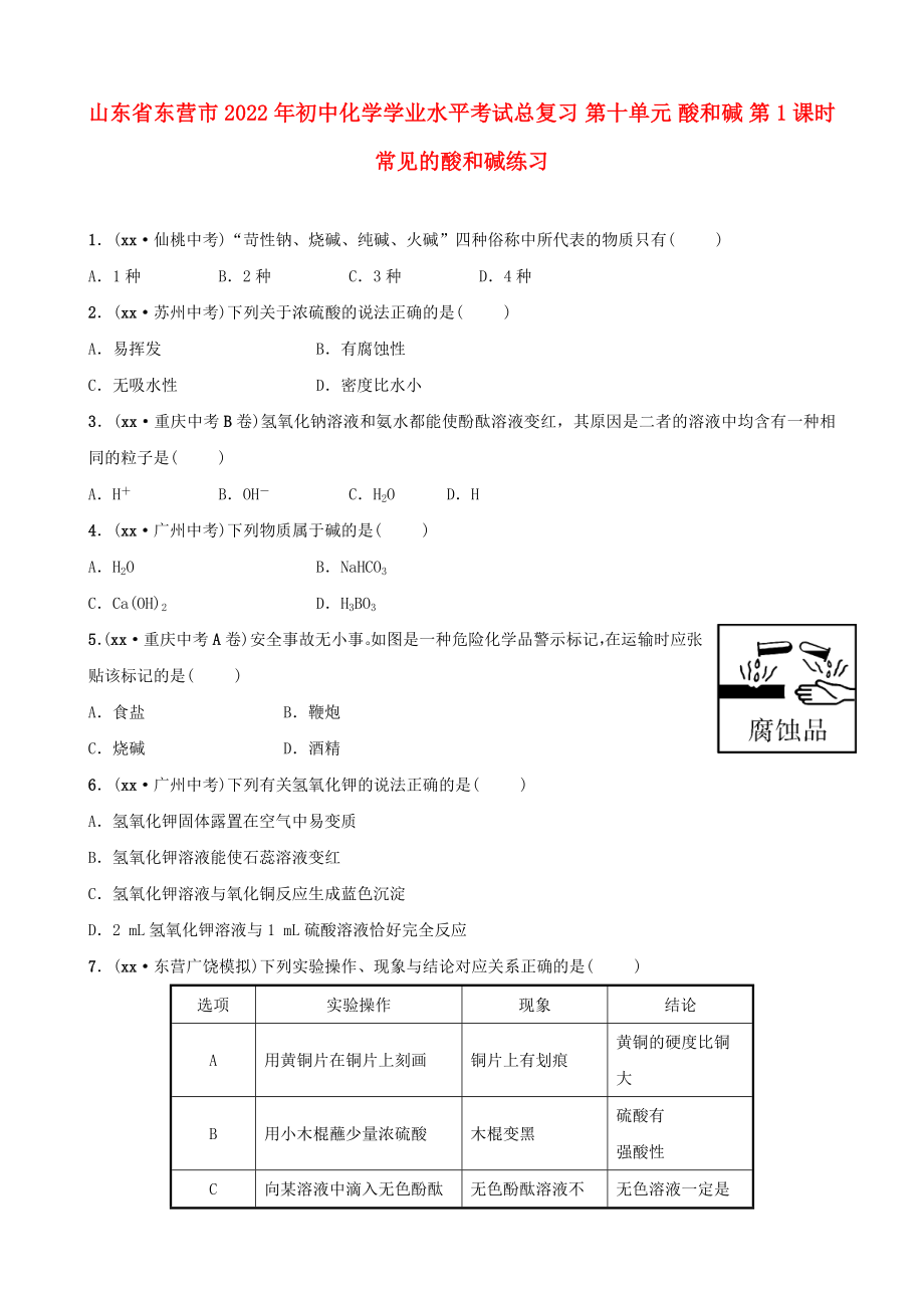 山東省東營(yíng)市2022年初中化學(xué)學(xué)業(yè)水平考試總復(fù)習(xí) 第十單元 酸和堿 第1課時(shí) 常見(jiàn)的酸和堿練習(xí)_第1頁(yè)