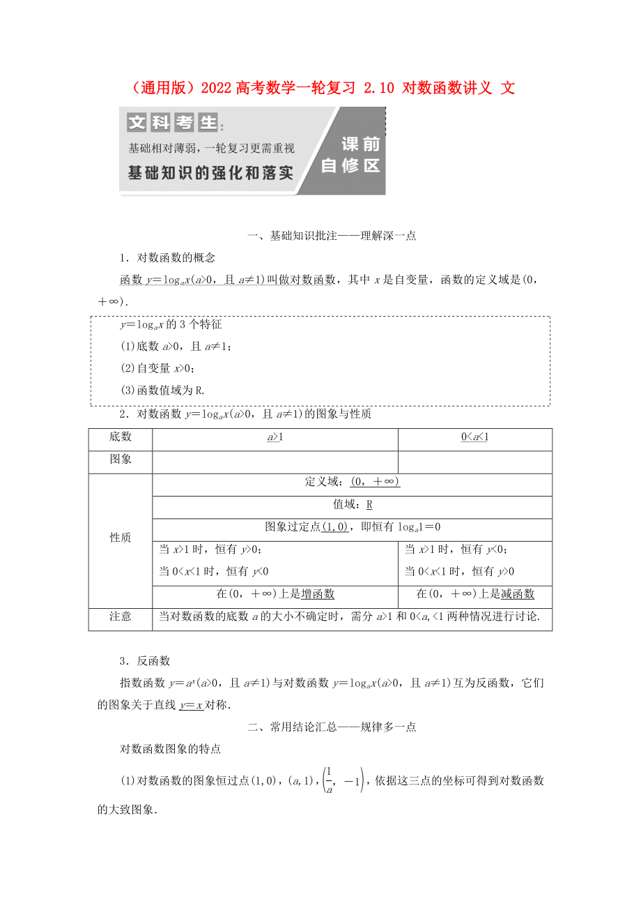 （通用版）2022高考數(shù)學(xué)一輪復(fù)習(xí) 2.10 對(duì)數(shù)函數(shù)講義 文_第1頁(yè)