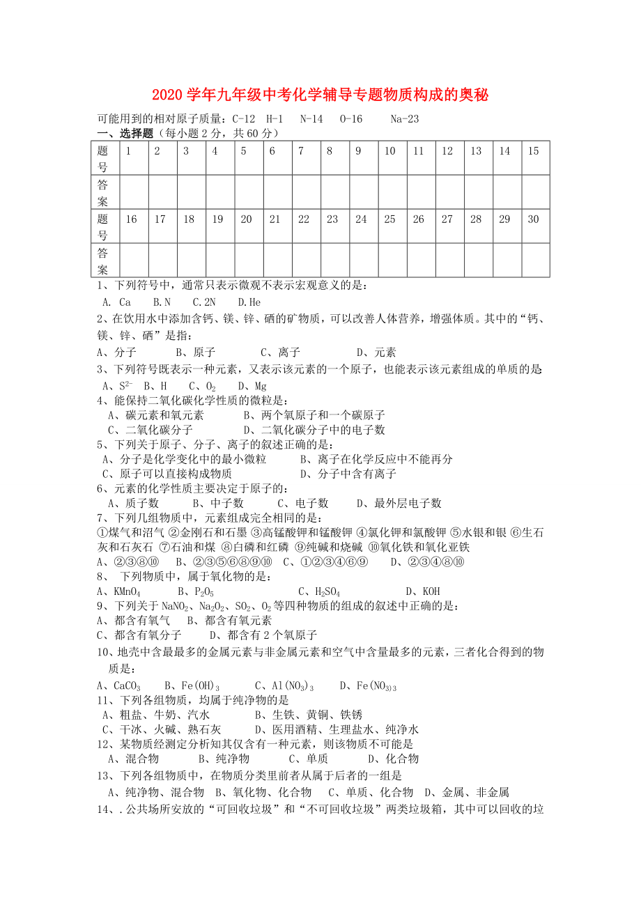 2020學(xué)年中考化學(xué)輔導(dǎo)專題 物質(zhì)構(gòu)成的奧秘（無答案）_第1頁