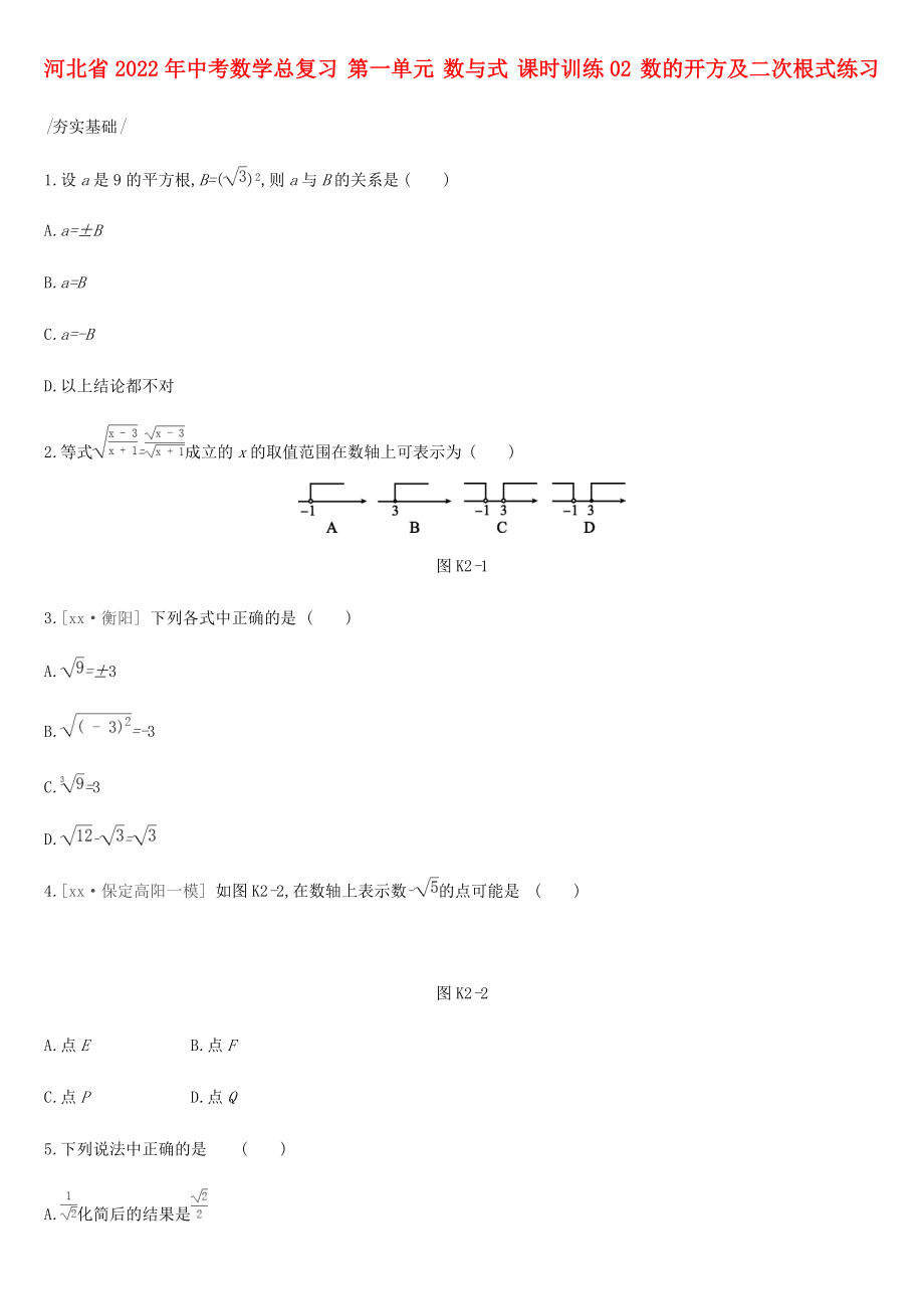 河北省2022年中考數(shù)學(xué)總復(fù)習(xí) 第一單元 數(shù)與式 課時訓(xùn)練02 數(shù)的開方及二次根式練習(xí)_第1頁