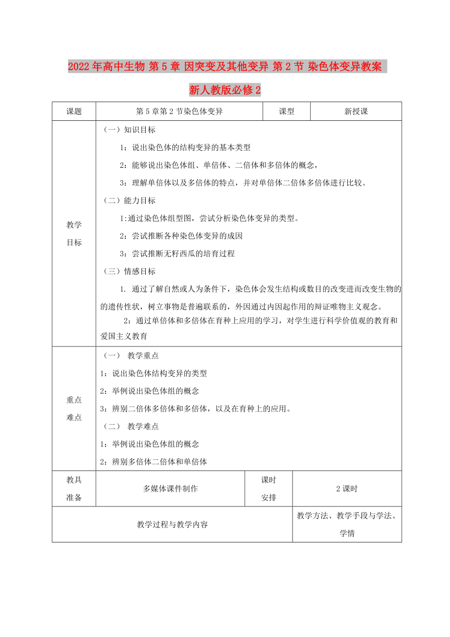 2022年高中生物 第5章 因突變及其他變異 第2節(jié) 染色體變異教案 新人教版必修2_第1頁