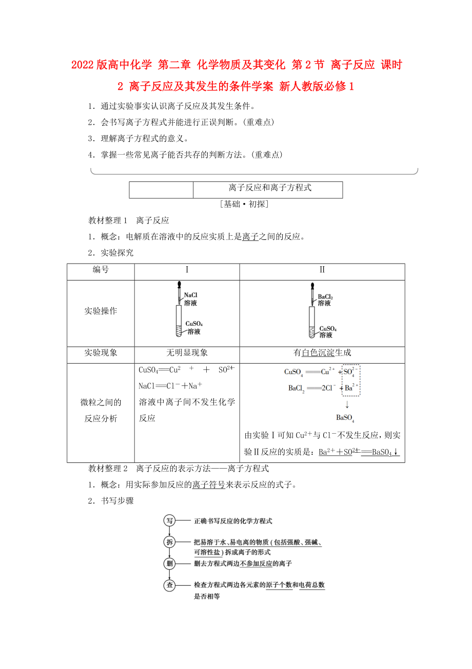 2022版高中化學(xué) 第二章 化學(xué)物質(zhì)及其變化 第2節(jié) 離子反應(yīng) 課時(shí)2 離子反應(yīng)及其發(fā)生的條件學(xué)案 新人教版必修1_第1頁