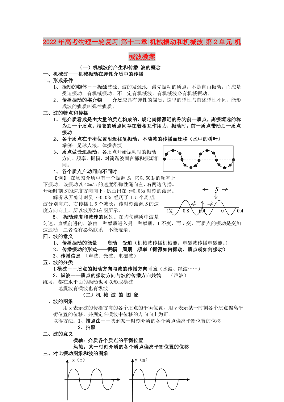 2022年高考物理一輪復(fù)習(xí) 第十二章 機械振動和機械波 第2單元 機械波教案_第1頁