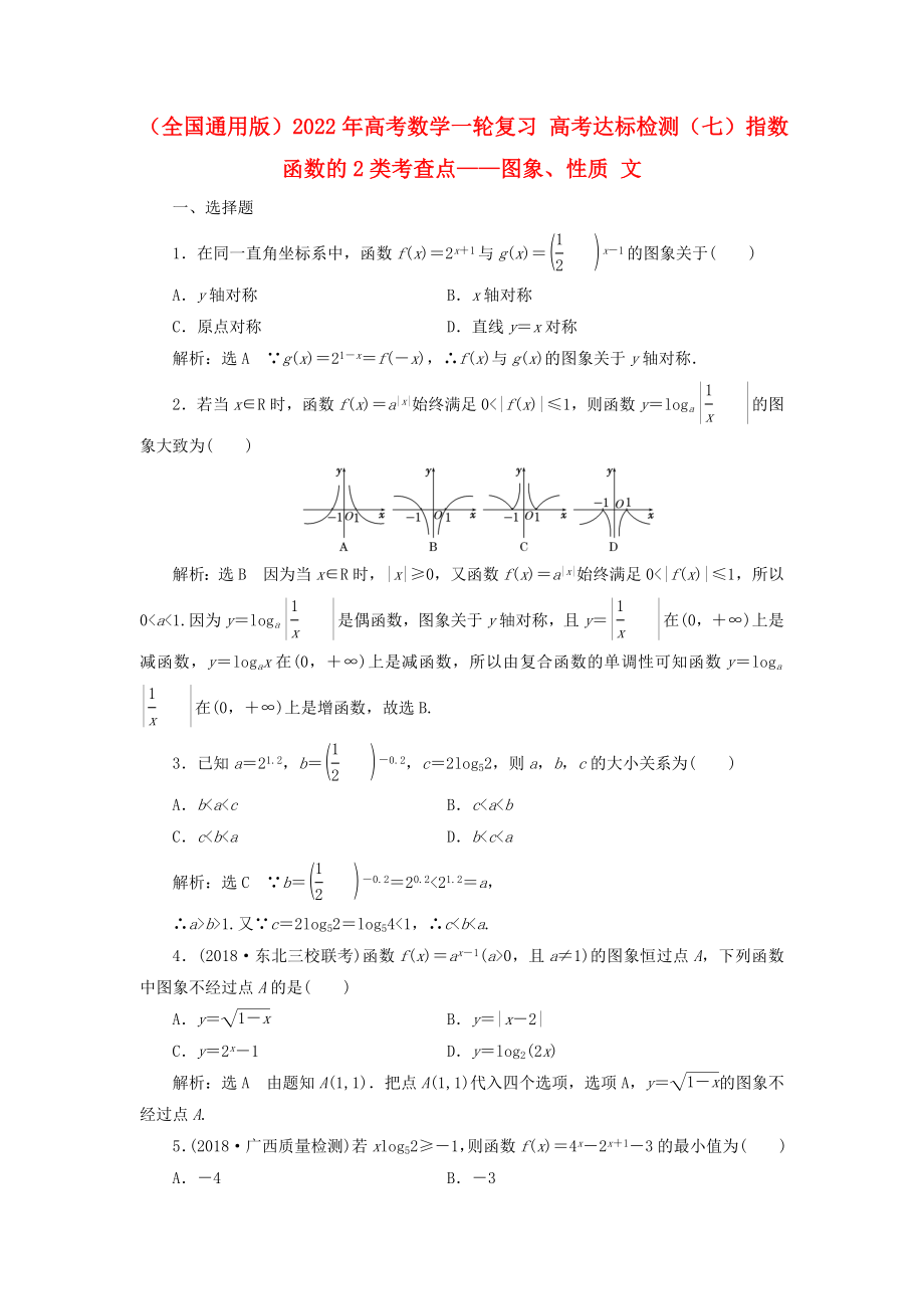 （全國通用版）2022年高考數(shù)學(xué)一輪復(fù)習(xí) 高考達(dá)標(biāo)檢測（七）指數(shù)函數(shù)的2類考查點(diǎn)——圖象、性質(zhì) 文_第1頁