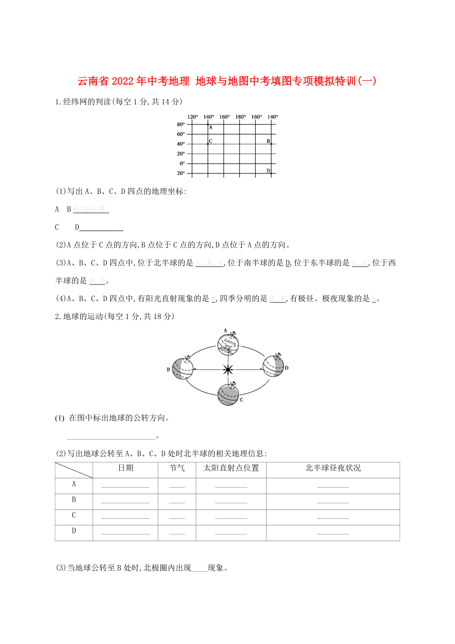 云南省2022年中考地理 地球與地圖中考填圖專項(xiàng)模擬特訓(xùn)(一)_第1頁