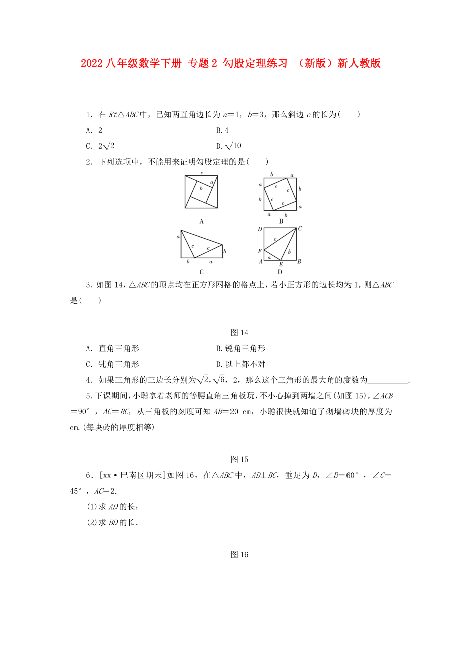 2022八年级数学下册 专题2 勾股定理练习 （新版）新人教版_第1页