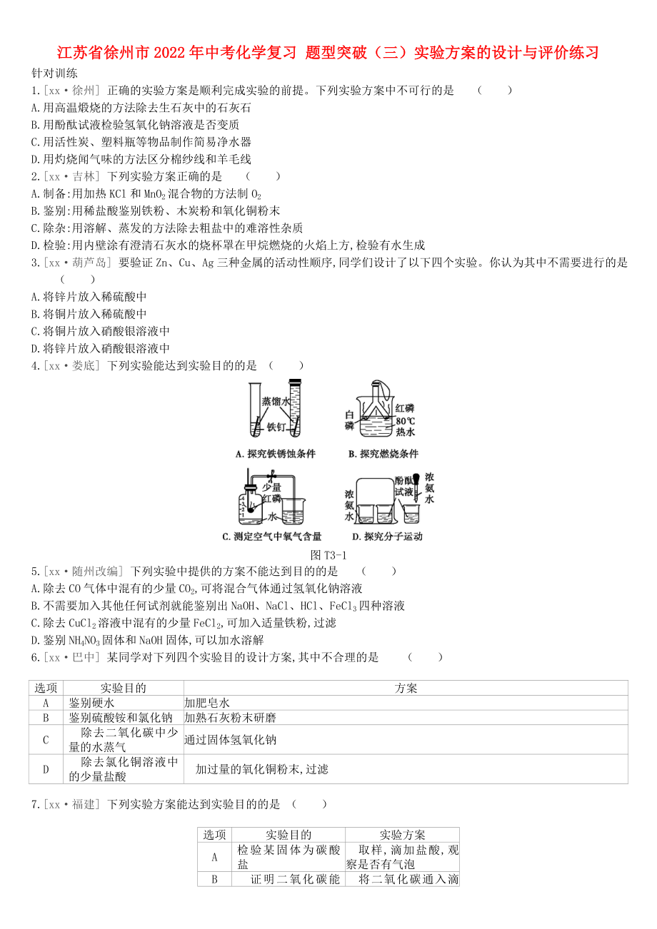 江蘇省徐州市2022年中考化學(xué)復(fù)習 題型突破（三）實驗方案的設(shè)計與評價練習_第1頁