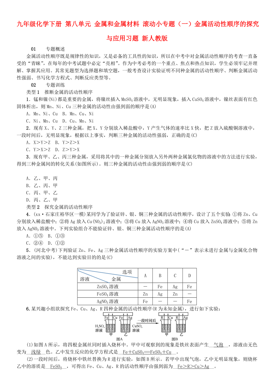 九年級(jí)化學(xué)下冊(cè) 第八單元 金屬和金屬材料 滾動(dòng)小專題（一）金屬活動(dòng)性順序的探究與應(yīng)用習(xí)題 新人教版_第1頁