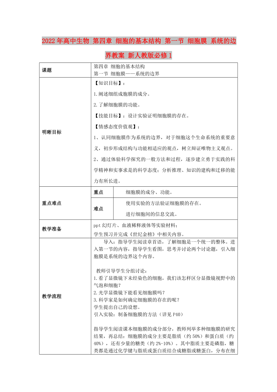 2022年高中生物 第四章 细胞的基本结构 第一节 细胞膜 系统的边界教案 新人教版必修1_第1页