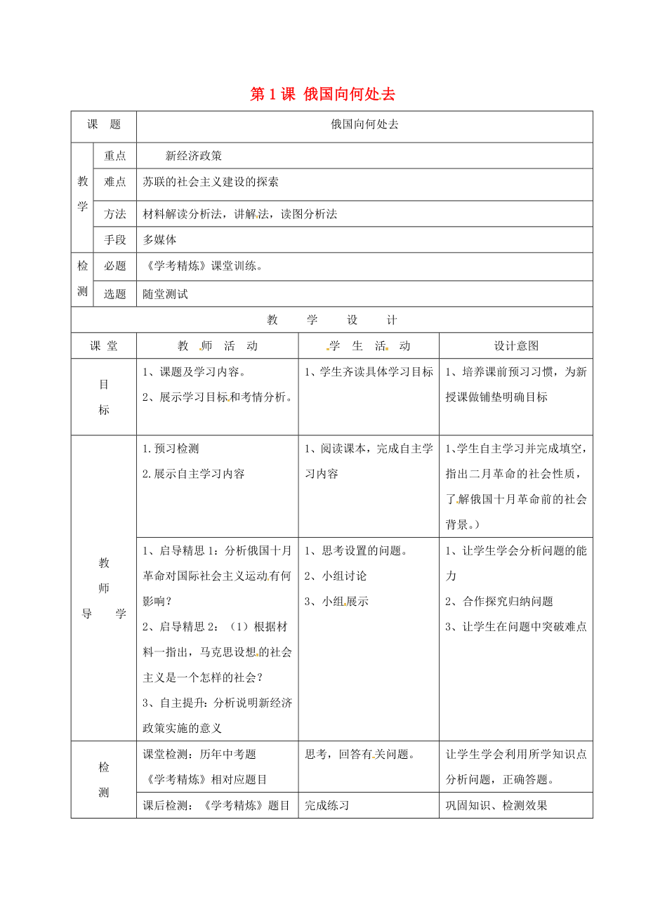 廣東省佛山市順德區(qū)九年級歷史下冊 第1課 俄國向何處去教學簡案 北師大版（通用）_第1頁