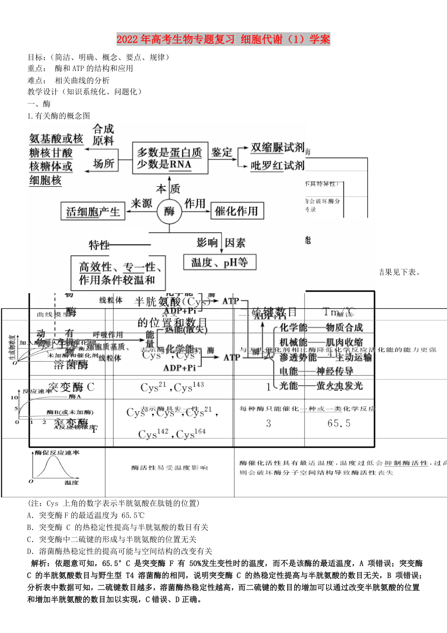 2022年高考生物專題復習 細胞代謝（1）學案_第1頁