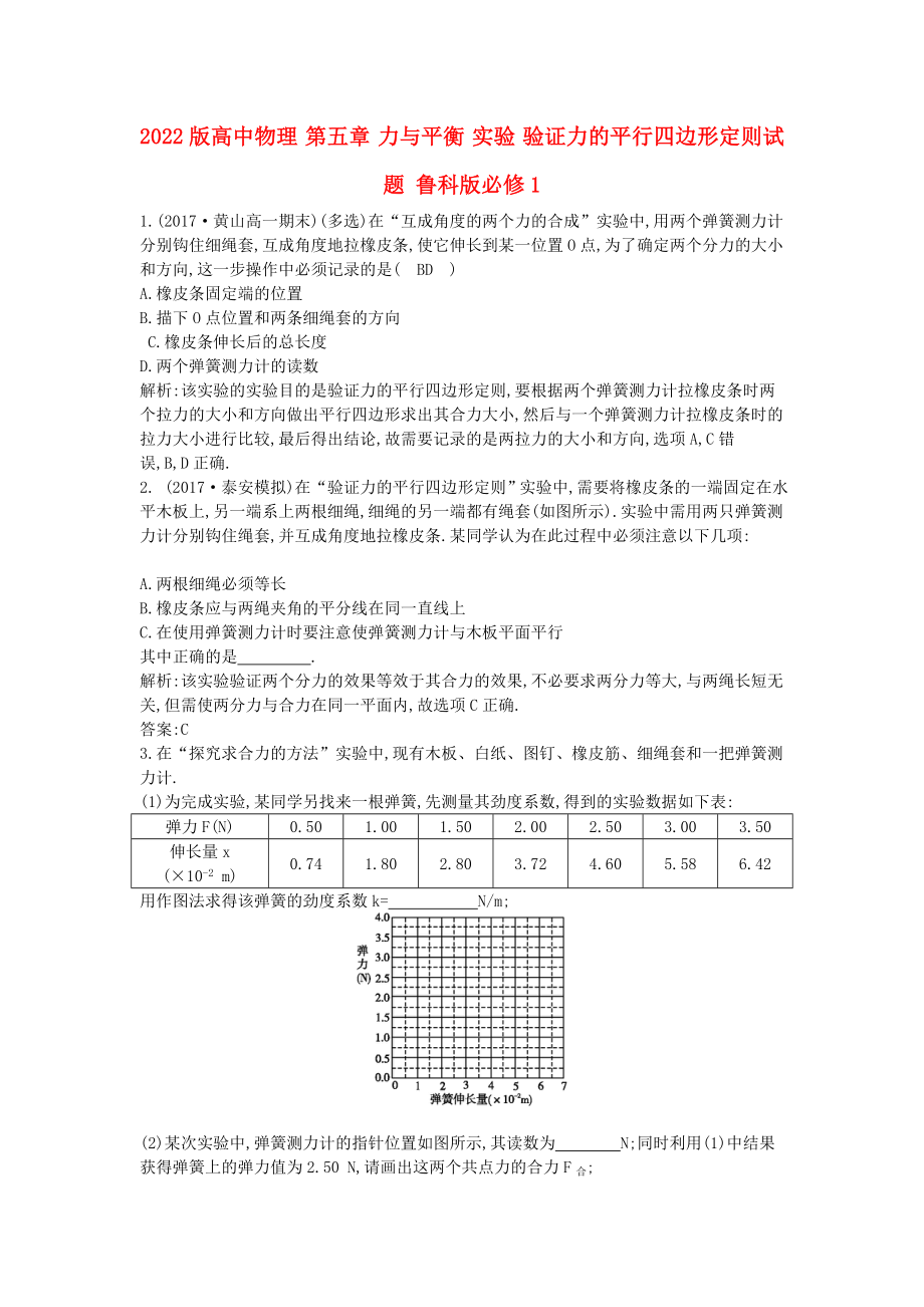 2022版高中物理 第五章 力與平衡 實驗 驗證力的平行四邊形定則試題 魯科版必修1_第1頁