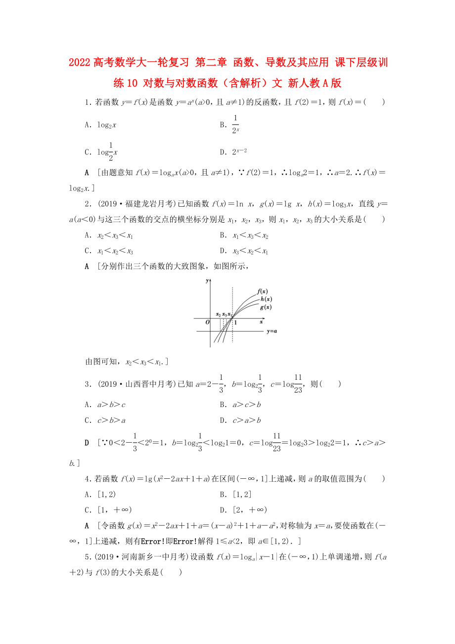 2022高考數(shù)學(xué)大一輪復(fù)習(xí) 第二章 函數(shù)、導(dǎo)數(shù)及其應(yīng)用 課下層級(jí)訓(xùn)練10 對(duì)數(shù)與對(duì)數(shù)函數(shù)（含解析）文 新人教A版_第1頁(yè)