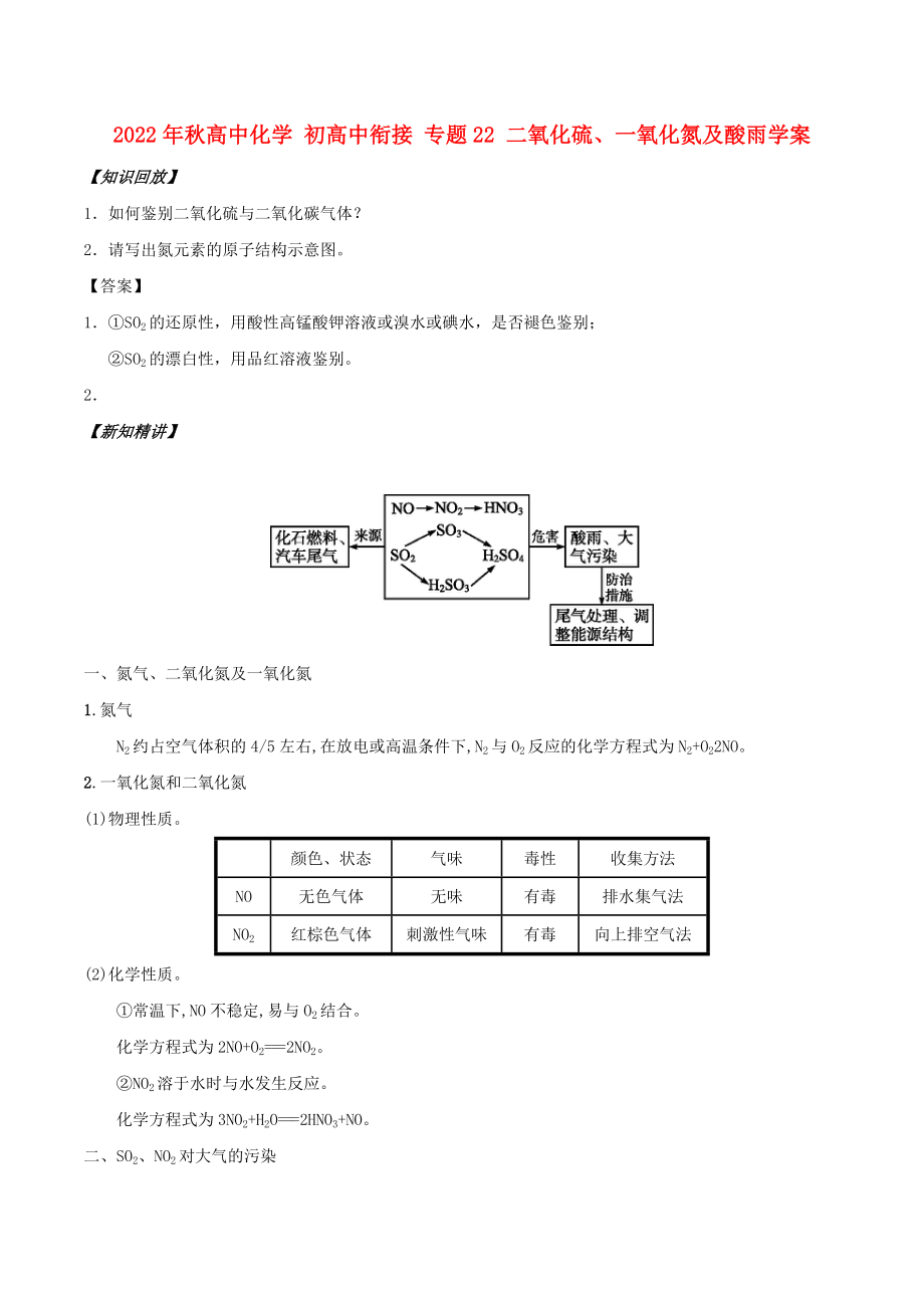 2022年秋高中化學 初高中銜接 專題22 二氧化硫、一氧化氮及酸雨學案_第1頁