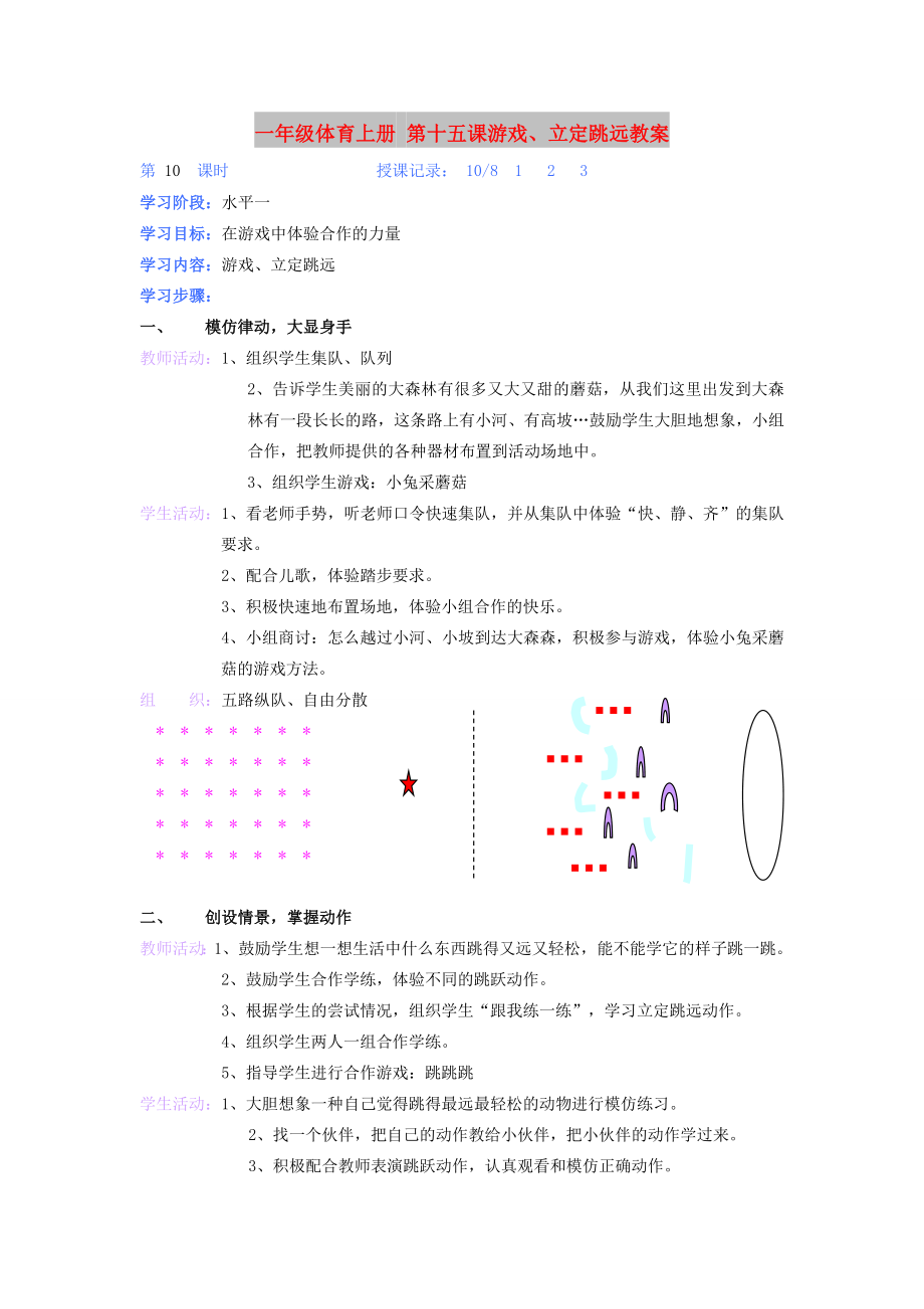 一年級體育上冊 第十五課游戲、立定跳遠教案_第1頁