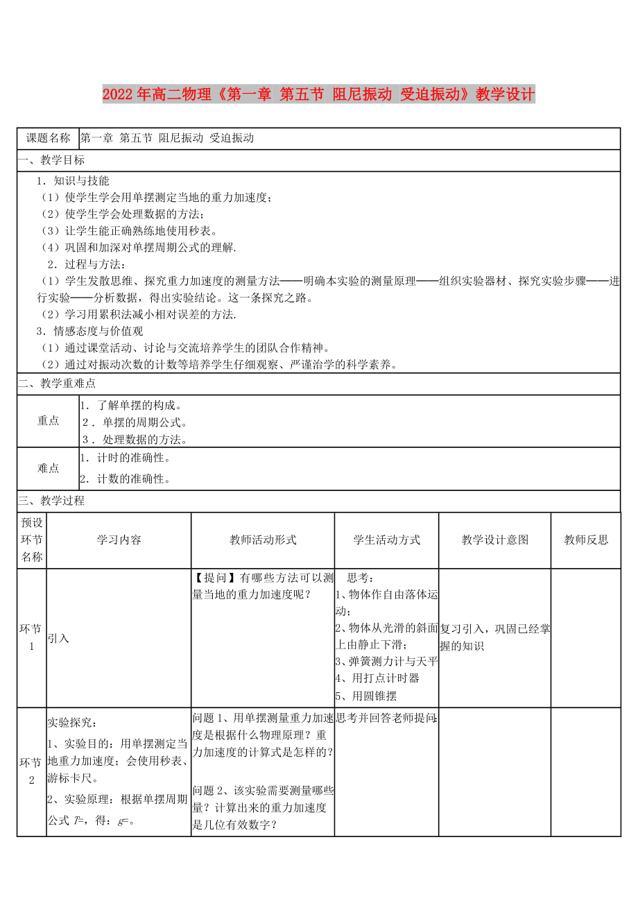 2022年高二物理《第一章 第五節(jié) 阻尼振動(dòng) 受迫振動(dòng)》教學(xué)設(shè)計(jì)_第1頁(yè)