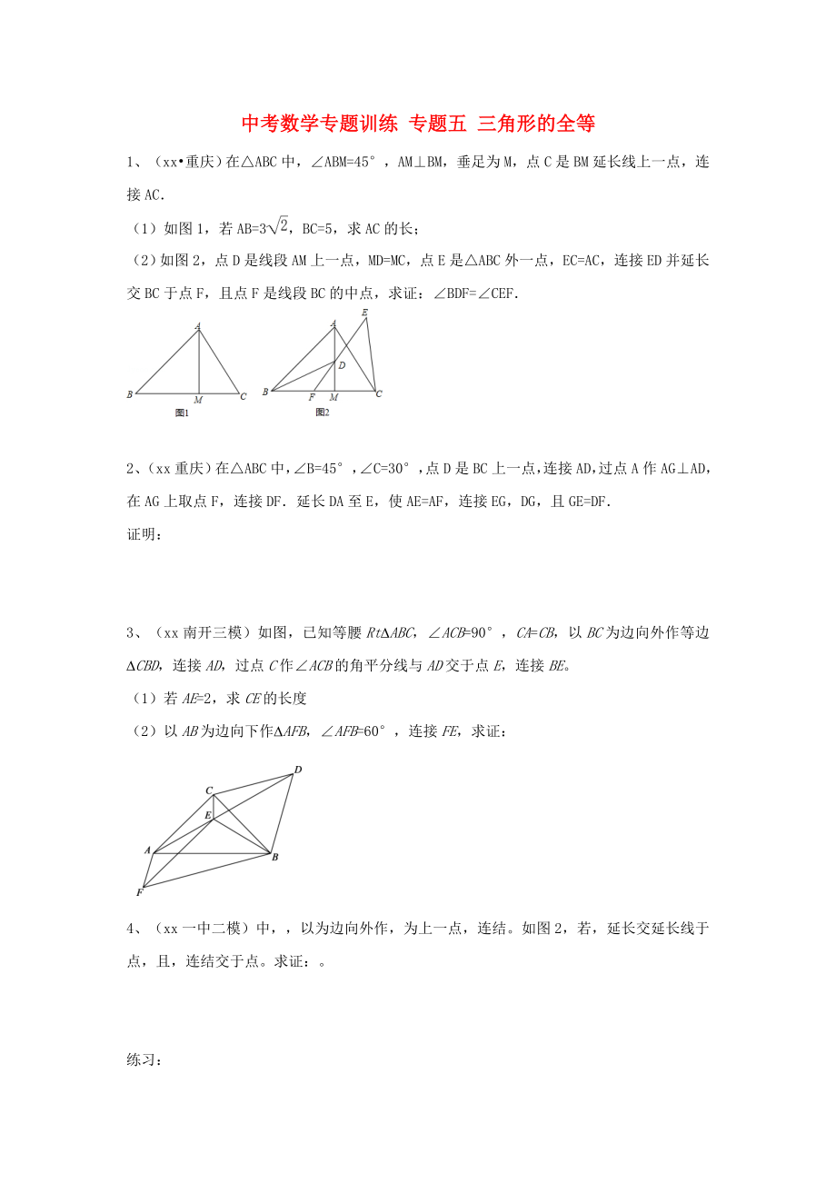 中考數(shù)學(xué)專題訓(xùn)練 專題五 三角形的全等_第1頁