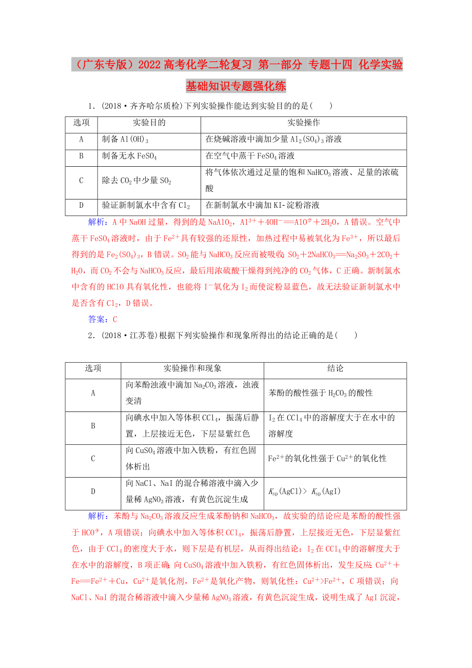 （廣東專版）2022高考化學(xué)二輪復(fù)習(xí) 第一部分 專題十四 化學(xué)實(shí)驗(yàn)基礎(chǔ)知識(shí)專題強(qiáng)化練_第1頁(yè)