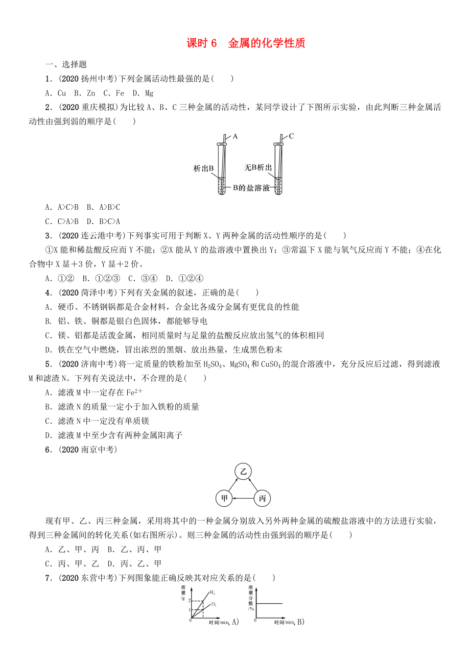 中考命題研究（貴陽專版）2020中考化學(xué) 課時(shí)精練 課時(shí)6 金屬的化學(xué)性質(zhì)（無答案）_第1頁