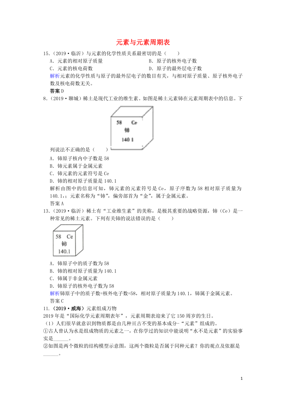 山東省2019年中考化學(xué)試題匯編 元素與元素周期表（含解析）_第1頁