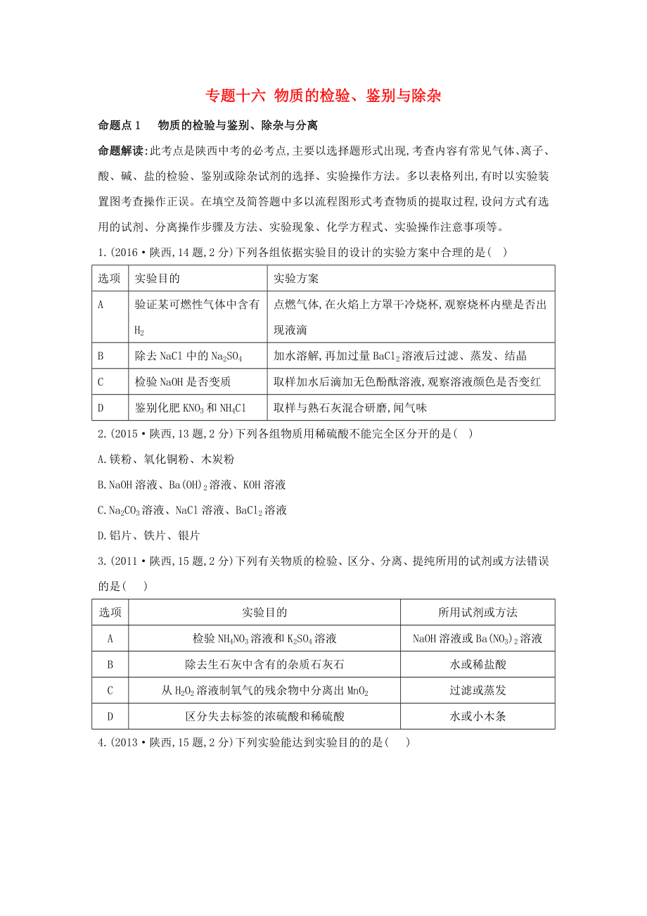 （陜西專用）2019版中考化學一練通 第一部分 中考考點掃描 模塊五 科學探究 專題十六 物質(zhì)的檢驗、鑒別與除雜試題_第1頁