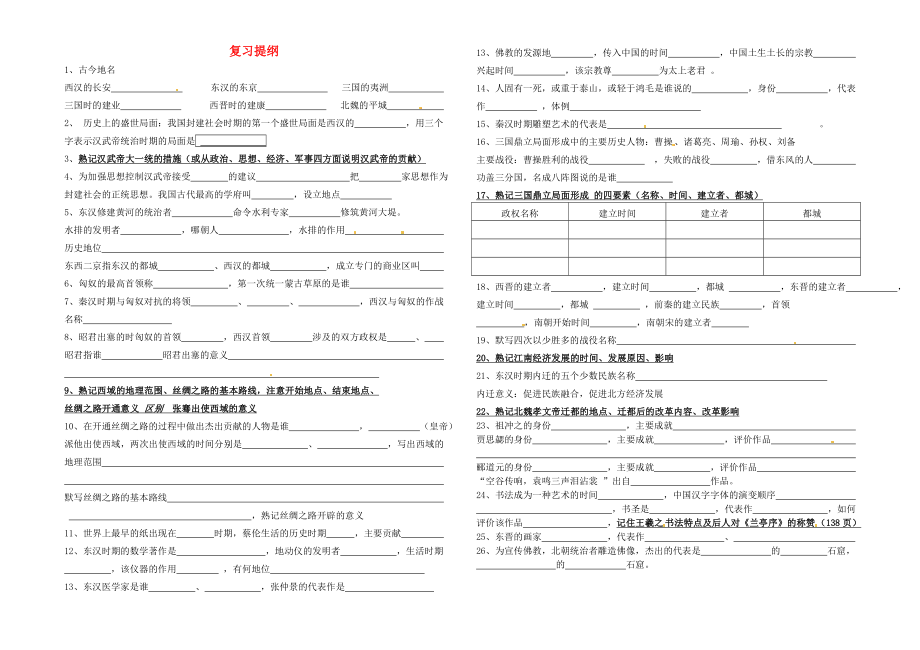 山東省淄博市淄川區(qū)磁村中學(xué)七年級歷史上冊 復(fù)習(xí)提綱 新人教版（通用）_第1頁