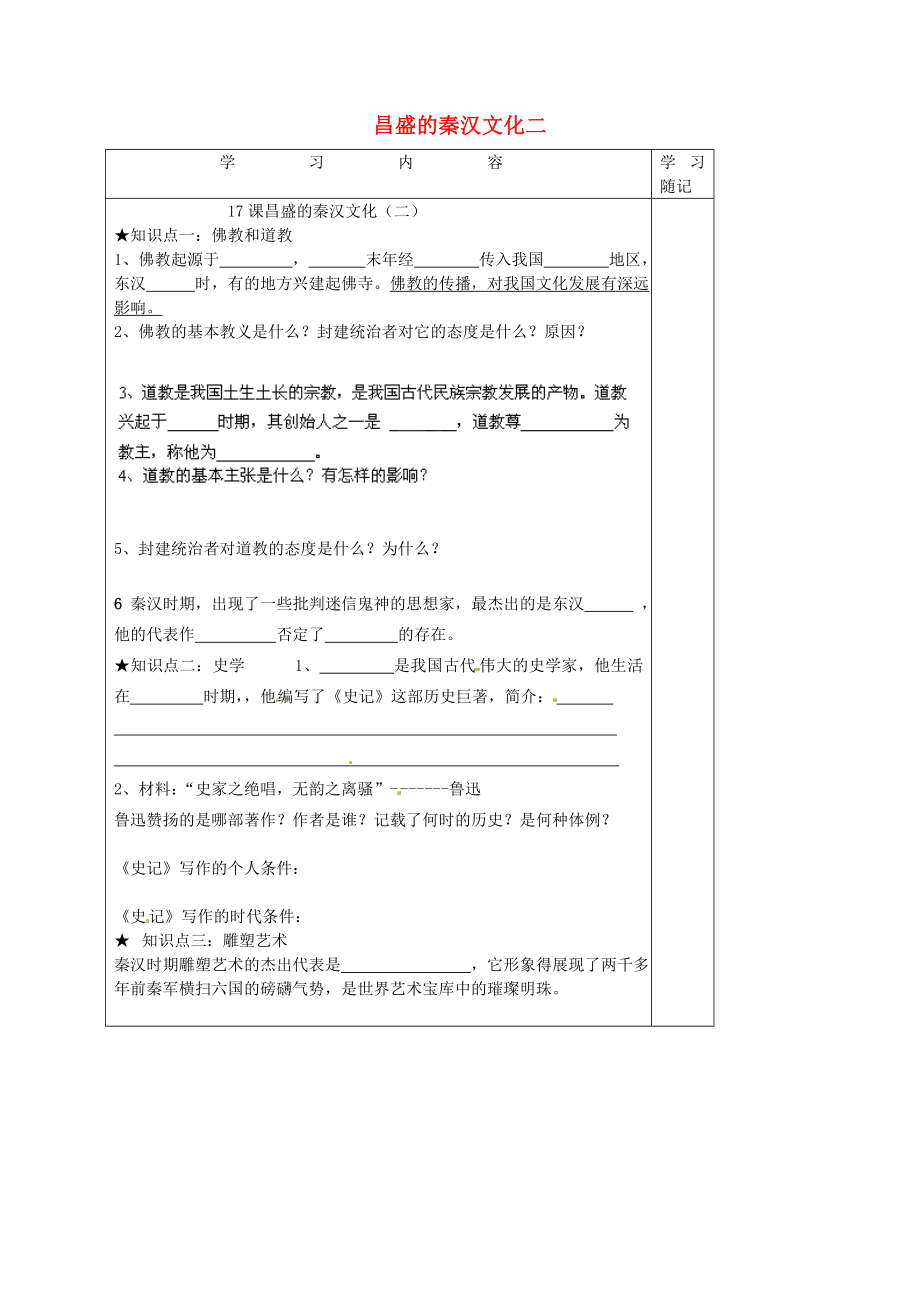 山東省膠南市王臺鎮(zhèn)中心中學(xué)七年級歷史上冊 第17課 昌盛的秦漢文化二導(dǎo)學(xué)案（無答案） 新人教版_第1頁