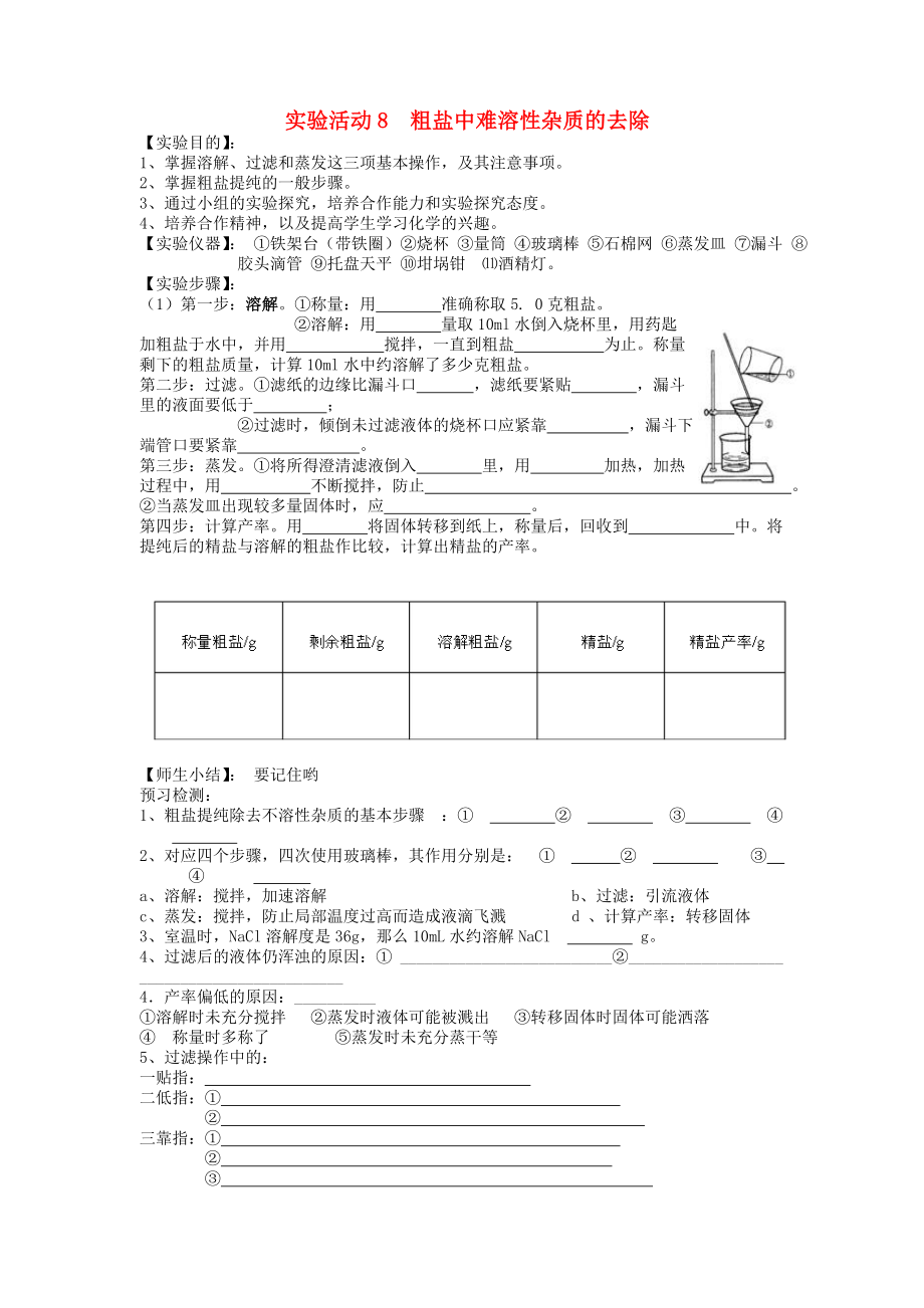 2020春九年级化学下册 第十一单元 盐 化肥 实验活动8 粗盐中难溶性杂质的去除学案（无答案）（新版）新人教版_第1页