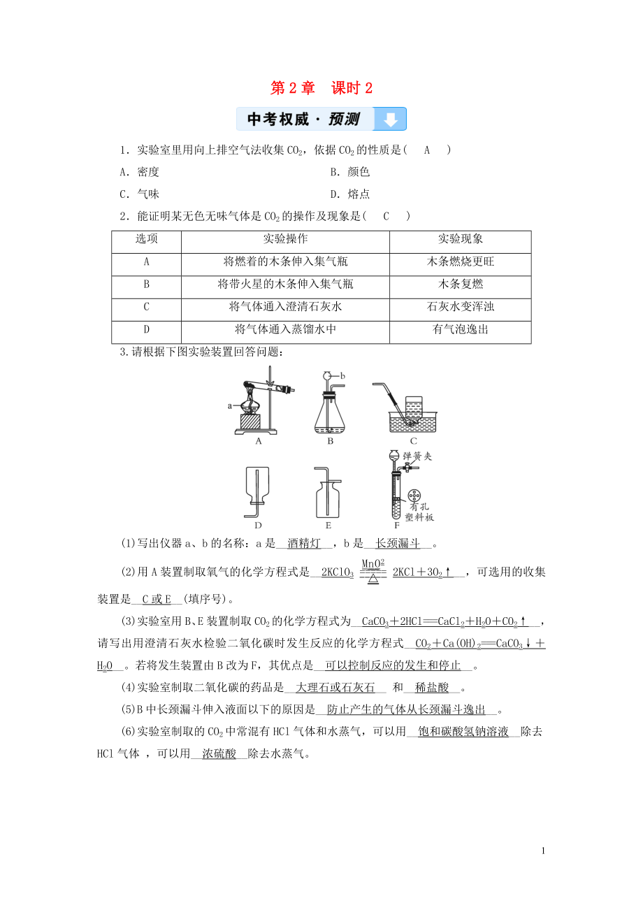 （遵義專用）2019中考化學(xué)高分一輪復(fù)習(xí) 第1部分 教材系統(tǒng)復(fù)習(xí) 第2章 身邊的化學(xué)物質(zhì) 課時2 奇妙的二氧化碳權(quán)威預(yù)測_第1頁