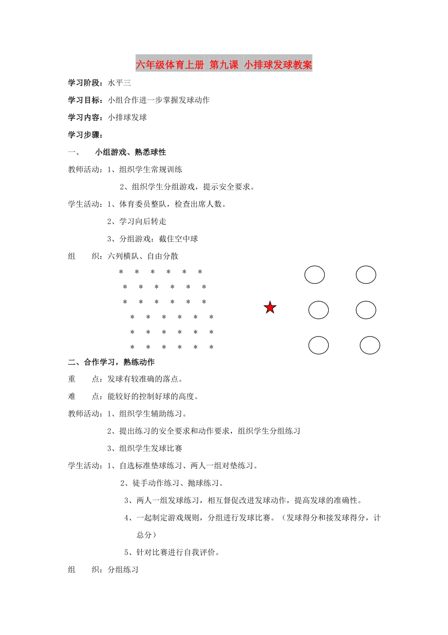 六年級(jí)體育上冊(cè) 第九課 小排球發(fā)球教案_第1頁(yè)