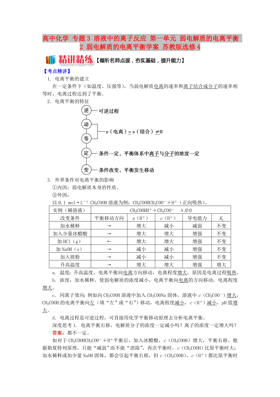 高中化學 專題3 溶液中的離子反應 第一單元 弱電解質的電離平衡 2 弱電解質的電離平衡學案 蘇教版選修4_第1頁