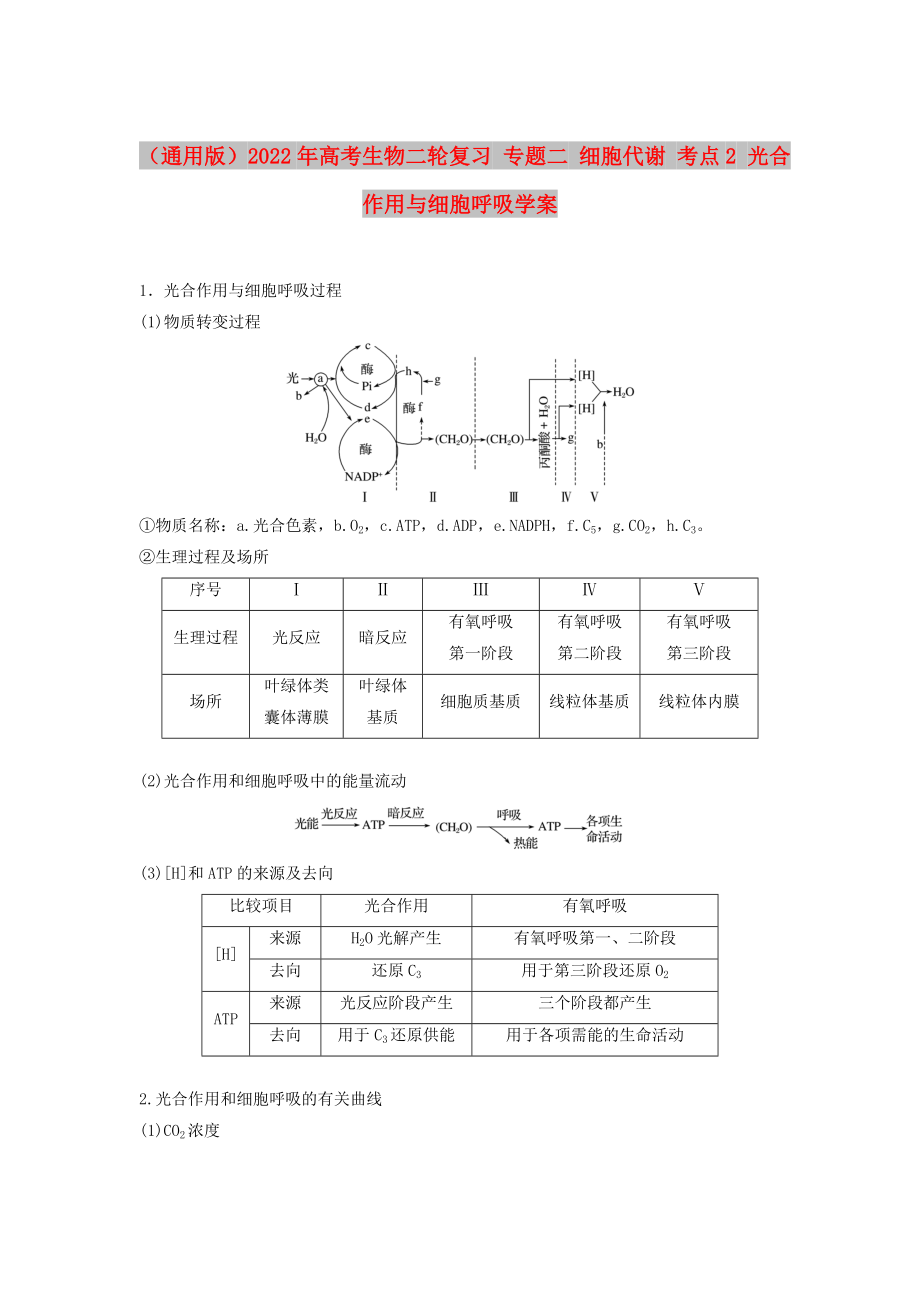 （通用版）2022年高考生物二輪復(fù)習(xí) 專題二 細(xì)胞代謝 考點2 光合作用與細(xì)胞呼吸學(xué)案_第1頁