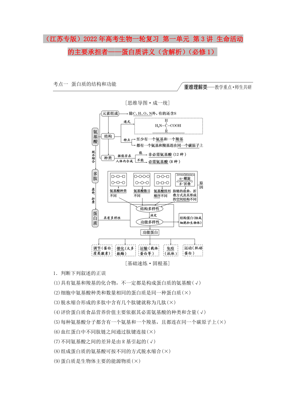 （江蘇專(zhuān)版）2022年高考生物一輪復(fù)習(xí) 第一單元 第3講 生命活動(dòng)的主要承擔(dān)者——蛋白質(zhì)講義（含解析）（必修1）_第1頁(yè)