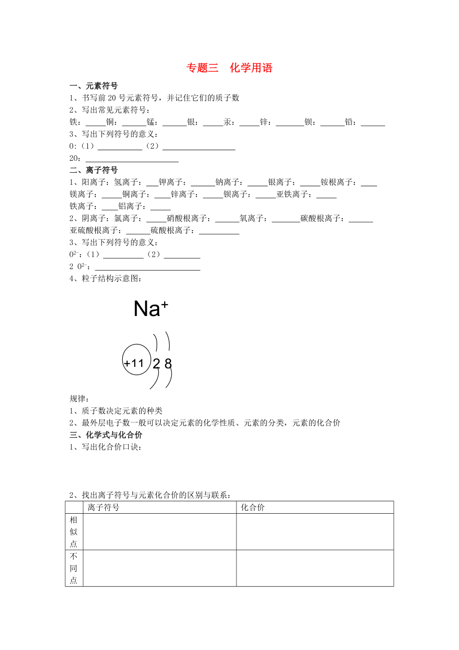 初中化學專題復習 專題三化學用語（無答案） 魯教版_第1頁