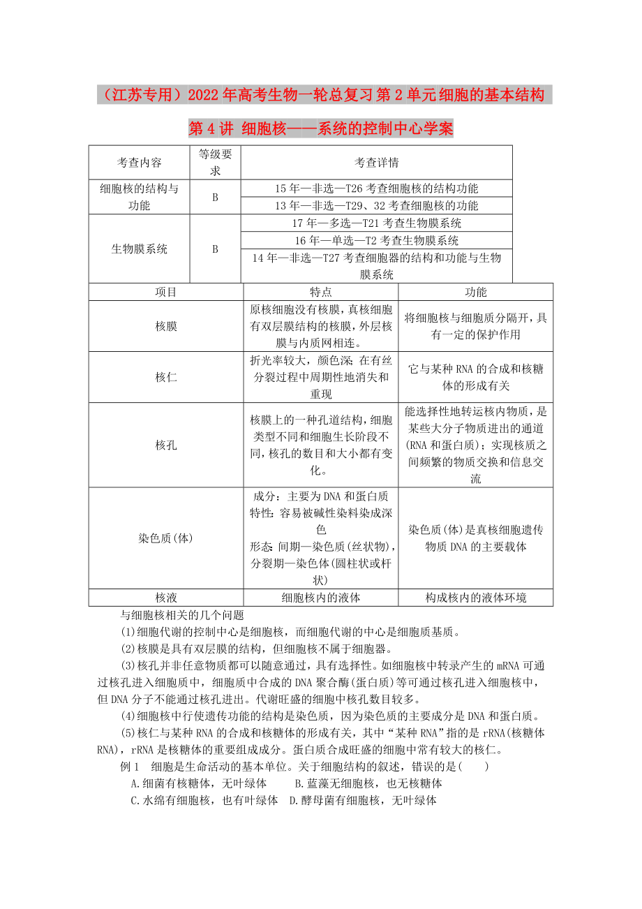 （江蘇專用）2022年高考生物一輪總復(fù)習(xí) 第2單元 細(xì)胞的基本結(jié)構(gòu) 第4講 細(xì)胞核——系統(tǒng)的控制中心學(xué)案_第1頁