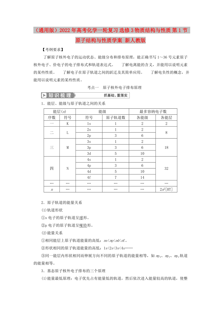 （通用版）2022年高考化學(xué)一輪復(fù)習(xí) 選修3 物質(zhì)結(jié)構(gòu)與性質(zhì) 第1節(jié) 原子結(jié)構(gòu)與性質(zhì)學(xué)案 新人教版_第1頁