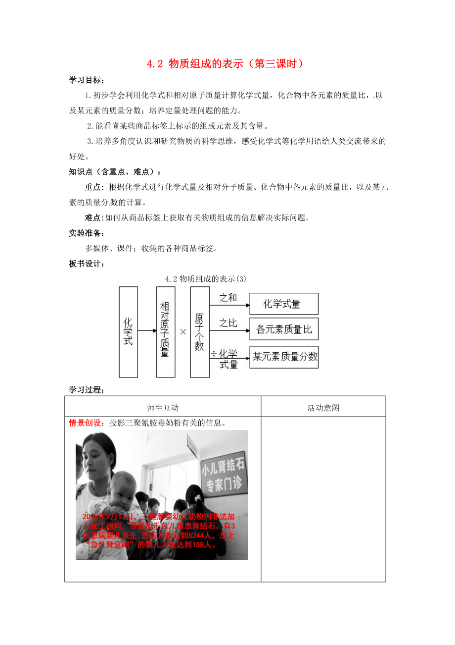 山东省枣庄市峄城区吴林街道中学九年级化学全册 第四单元 我们周围的空气 4.2 物质组成的表示（第三课时）学案（无答案） 鲁教版_第1页