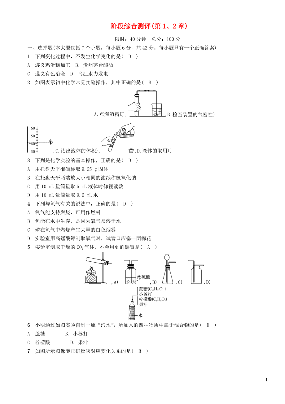 （遵义专版）2018中考化学总复习 第1编 教材知识梳理 阶段综合测评（第1、2章）练习_第1页