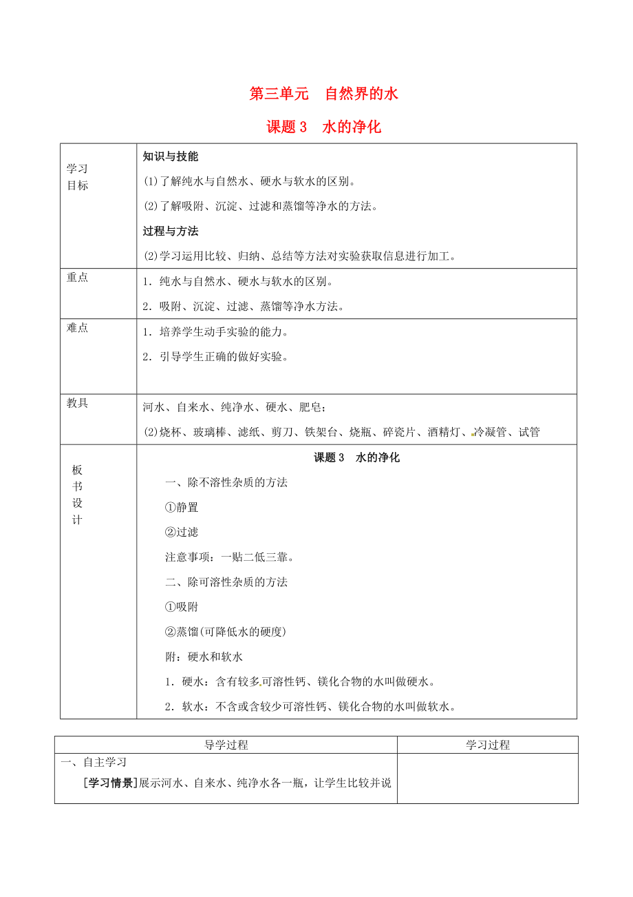 山東省郯城縣郯城街道初級中學(xué)九年級化學(xué)上冊 第三單元 自然界的水 課題3 水的凈化學(xué)案（無答案） 新人教版_第1頁