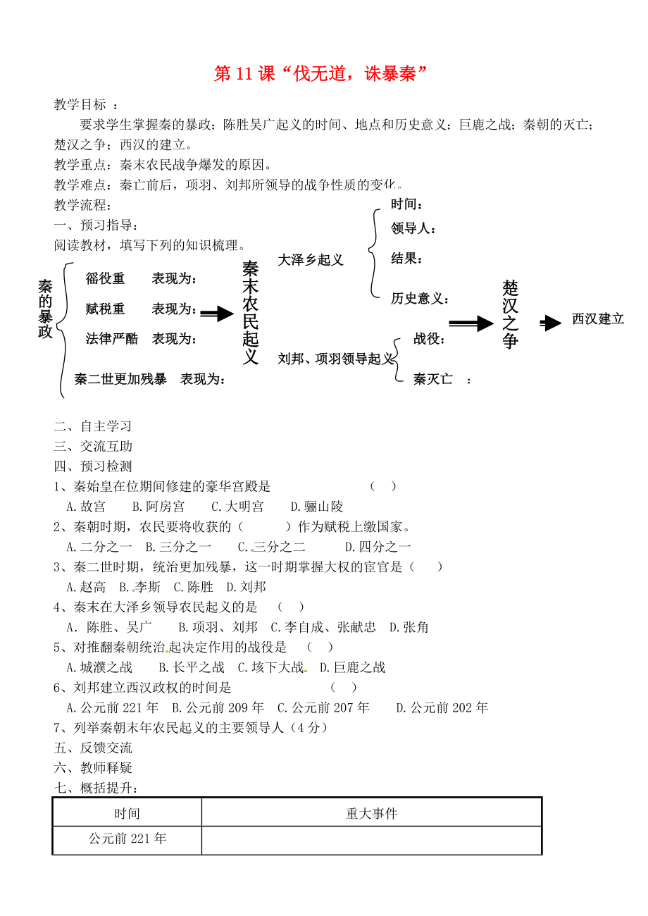 吉林省東遼縣安石鎮(zhèn)第二中學(xué)校七年級歷史上冊 第11課“伐無道誅暴秦”教案 新人教版_第1頁