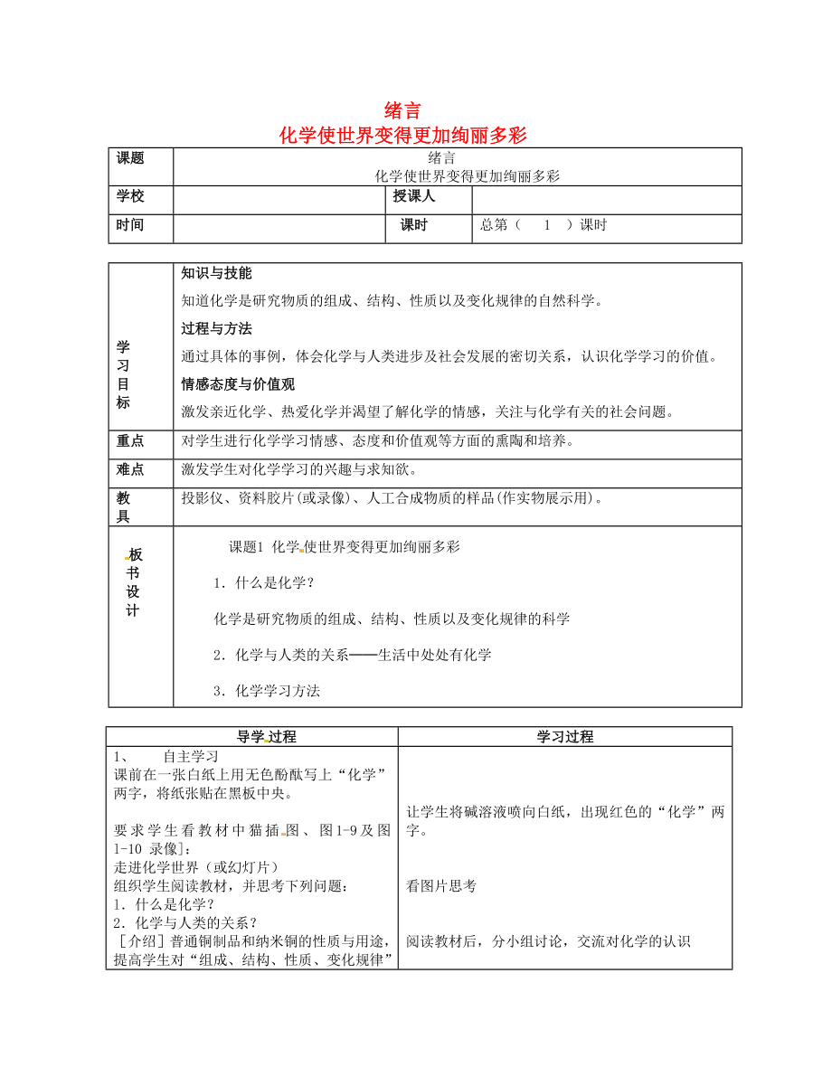 山東省郯城縣郯城街道初級中學(xué)九年級化學(xué)上冊 緒言 化學(xué)使世界變得更加絢麗多彩學(xué)案1（無答案） 新人教版_第1頁