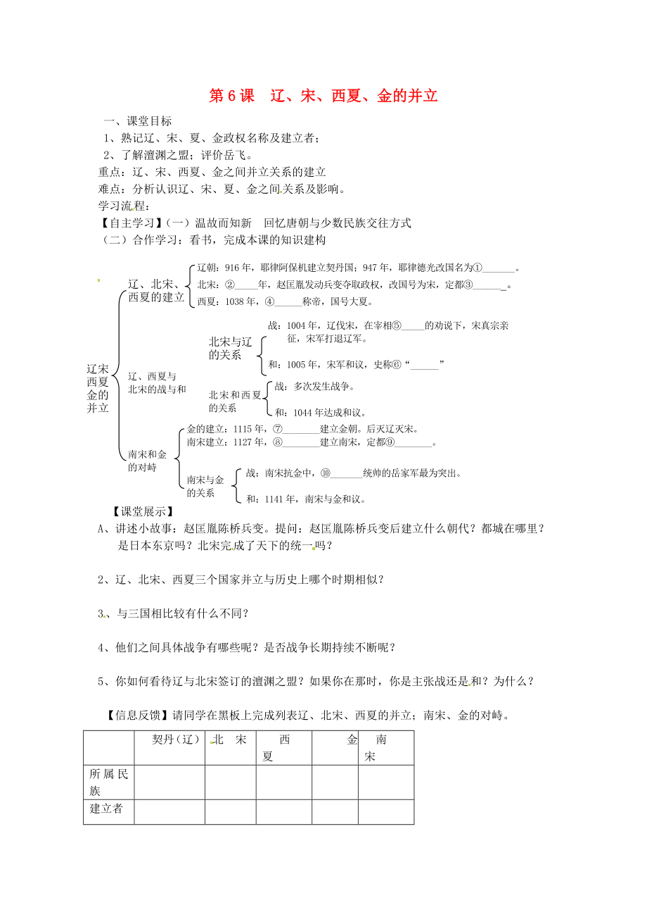 四川省崇州市白頭中學(xué)七年級歷史下冊 第七學(xué)習(xí)主題 第6課 遼、宋、西夏、金的并立導(dǎo)學(xué)案 （無答案） 川教版_第1頁