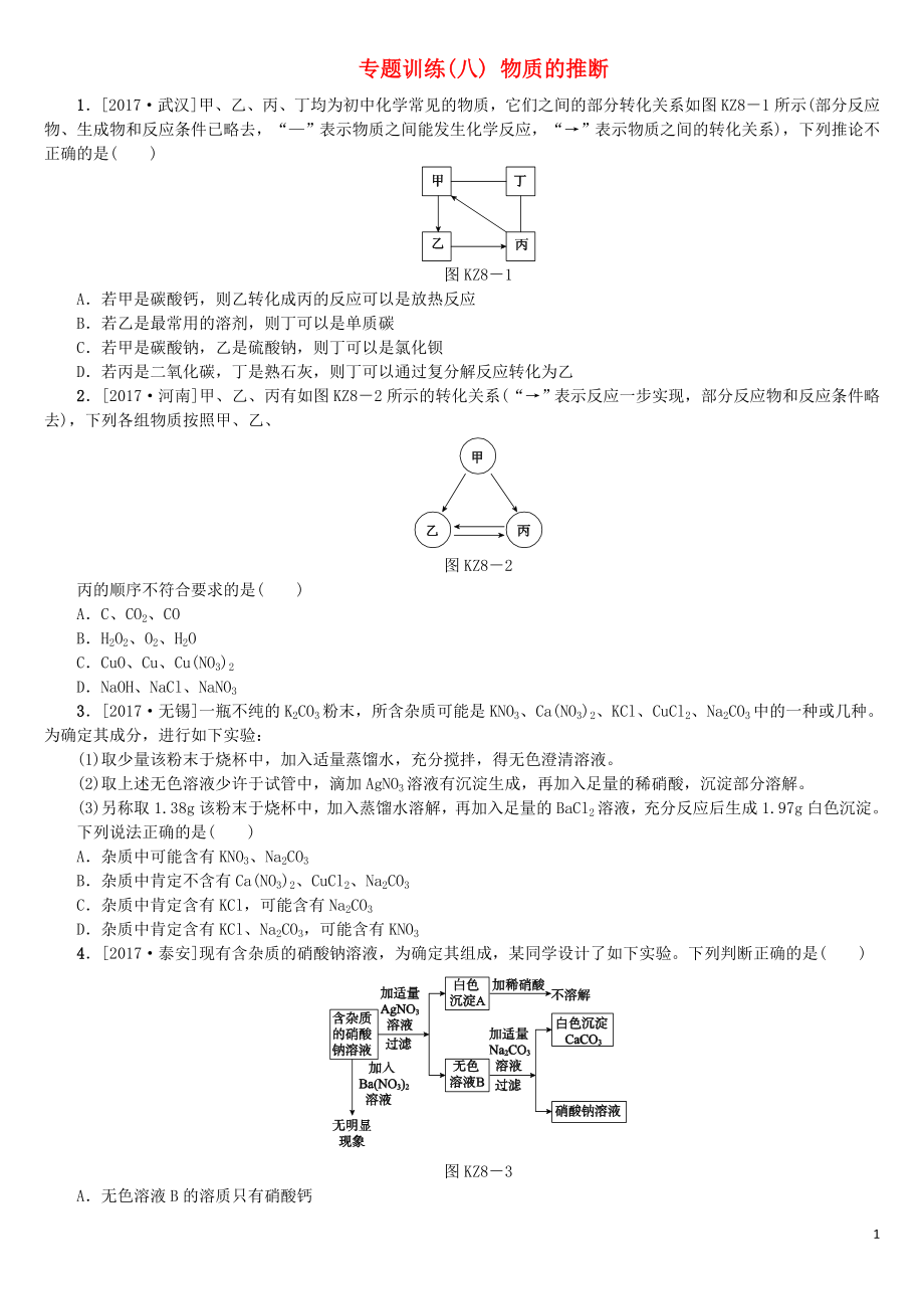 （山西專版）2018年中考化學(xué)復(fù)習(xí)方案 專題訓(xùn)練（八）物質(zhì)的推斷_第1頁(yè)