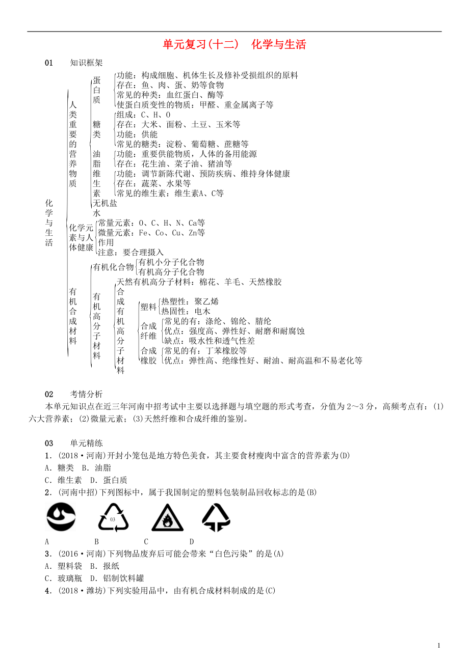 （河南專版）2018年秋九年級化學(xué)下冊 單元復(fù)習(xí)（十二）化學(xué)與生活習(xí)題 （新版）新人教版_第1頁