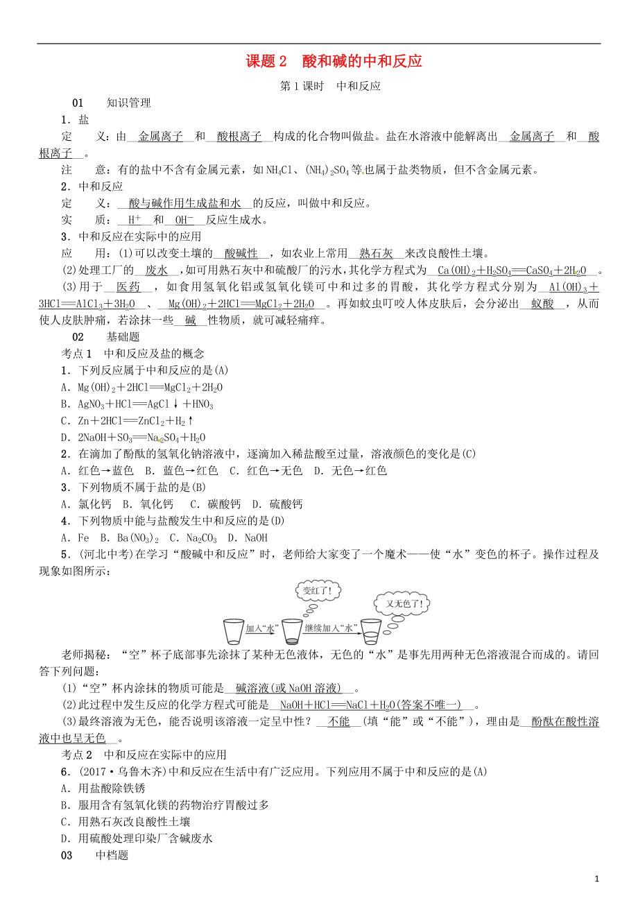 河北省2018年秋九年級(jí)化學(xué)下冊(cè) 第十單元 酸和堿 課題2 酸和堿的中和反應(yīng)習(xí)題 （新版）新人教版_第1頁(yè)