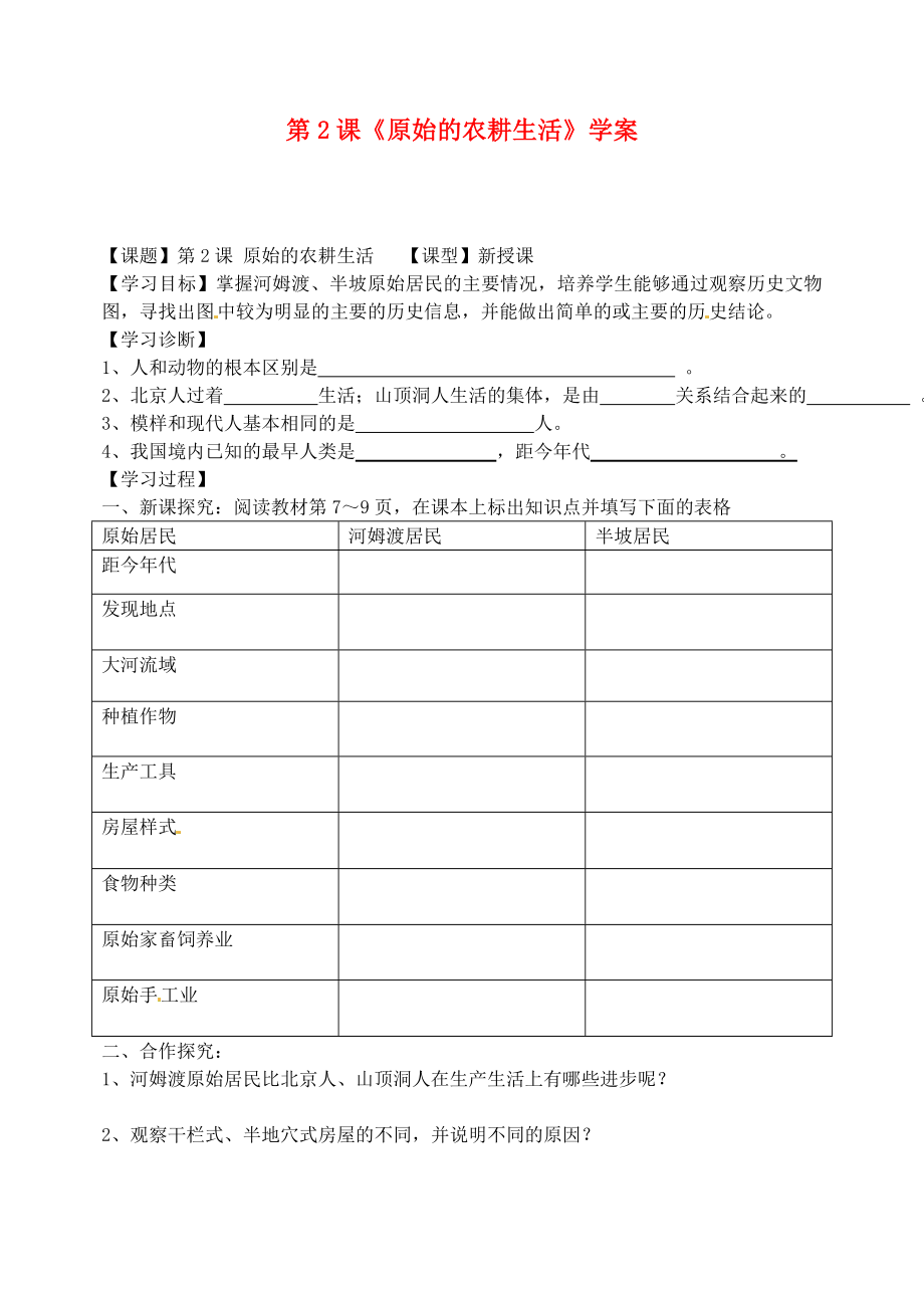 內(nèi)蒙古鄂爾多斯市達拉特旗第十一中學2020學年七年級歷史上冊 第2課《原始的農(nóng)耕生活》學案（無答案） 新人教版_第1頁