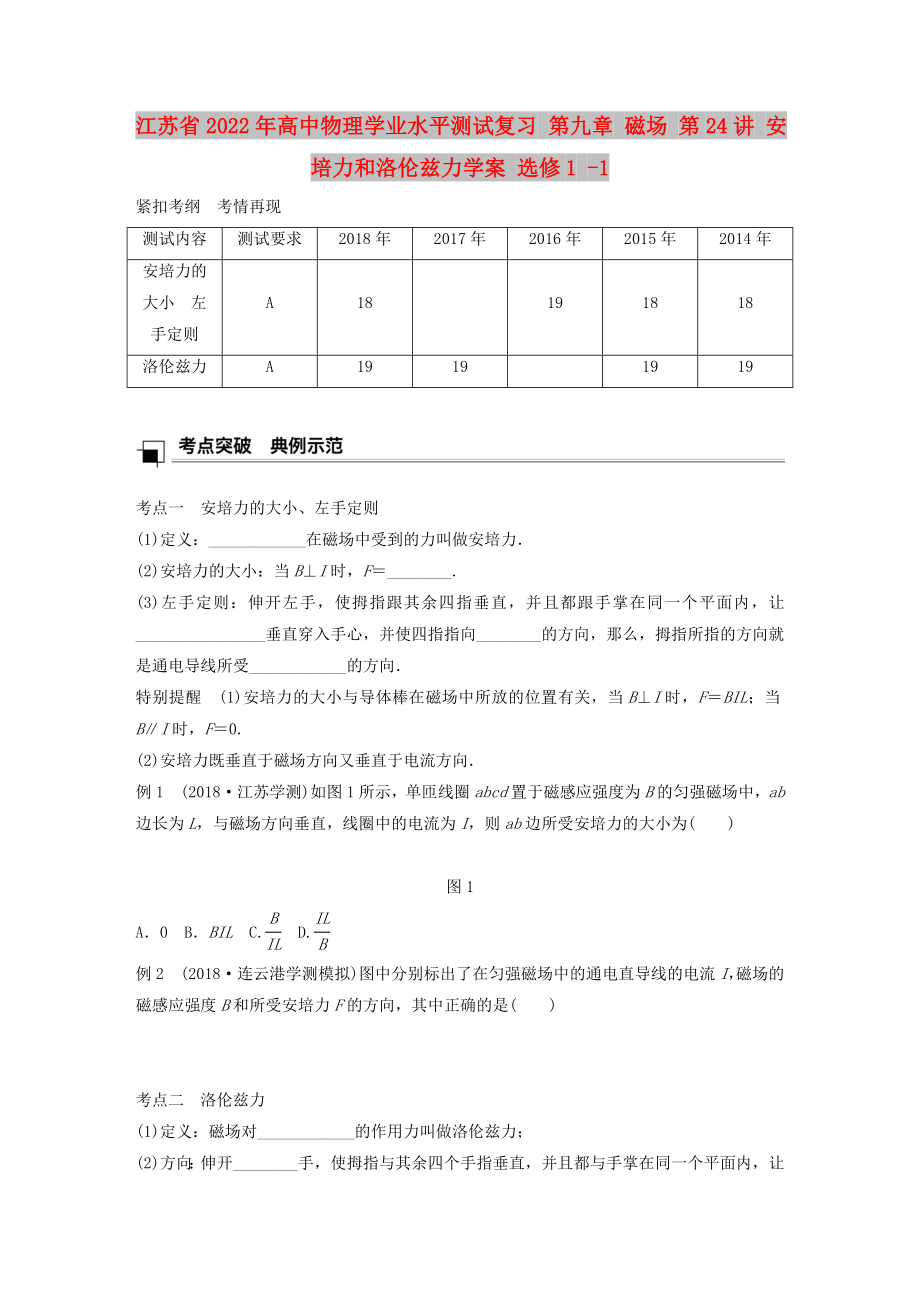 江蘇省2022年高中物理學業(yè)水平測試復習 第九章 磁場 第24講 安培力和洛倫茲力學案 選修1 -1_第1頁