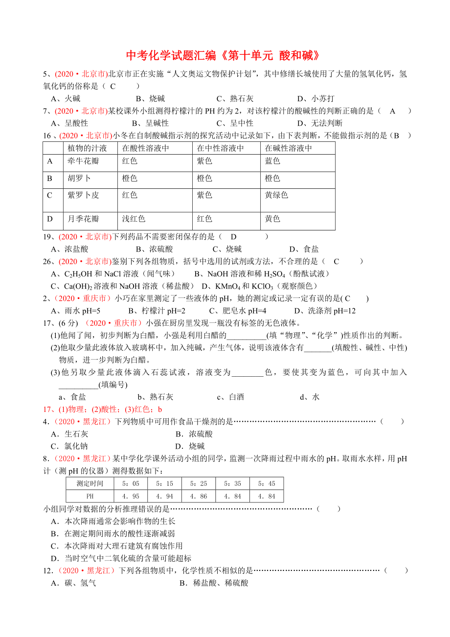 中考化學(xué)試題匯編《第十單元 酸和堿》_第1頁(yè)