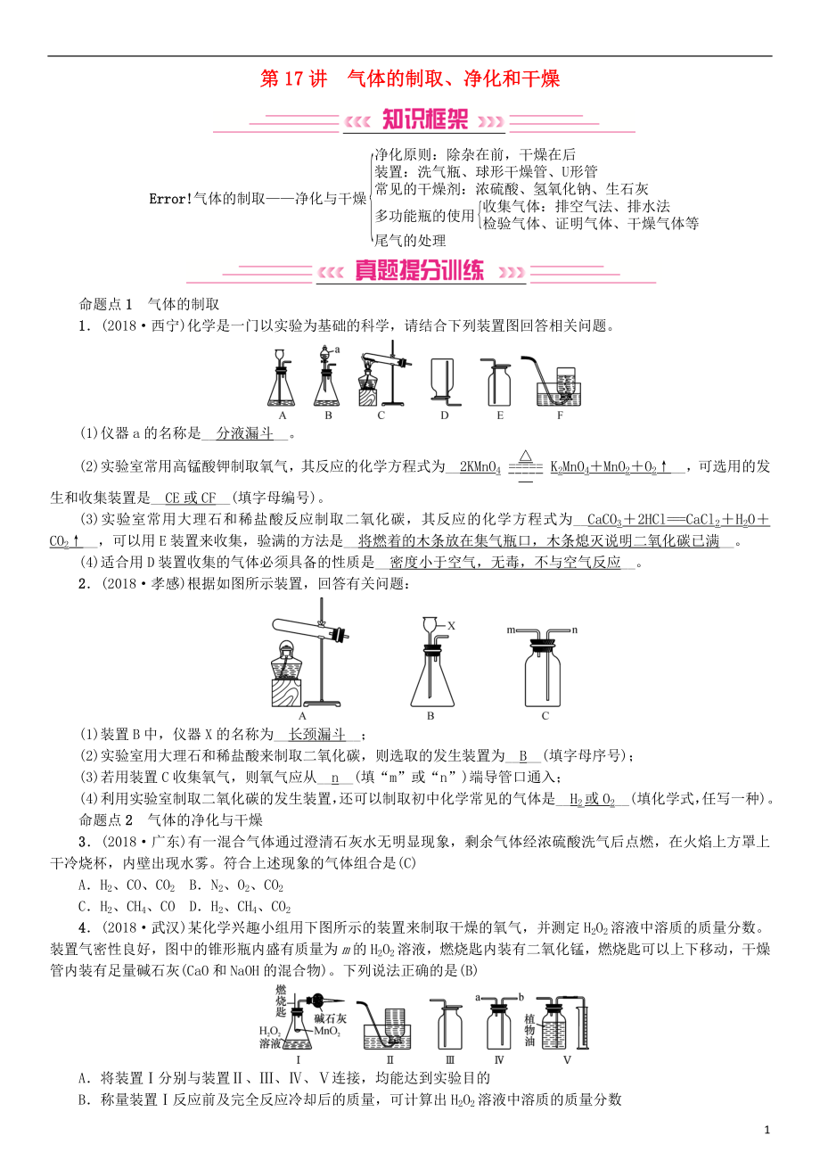 2019年中考化學(xué)復(fù)習(xí) 主題五 科學(xué)探究 第17講 氣體的制取、凈化和干燥專(zhuān)題練習(xí)_第1頁(yè)